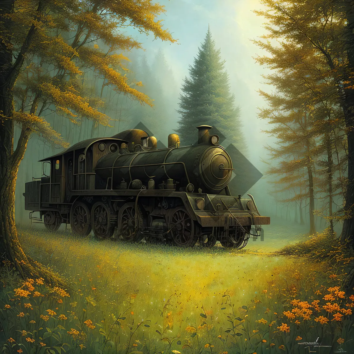 Picture of Vintage Steam Locomotive Chugging Through Forest