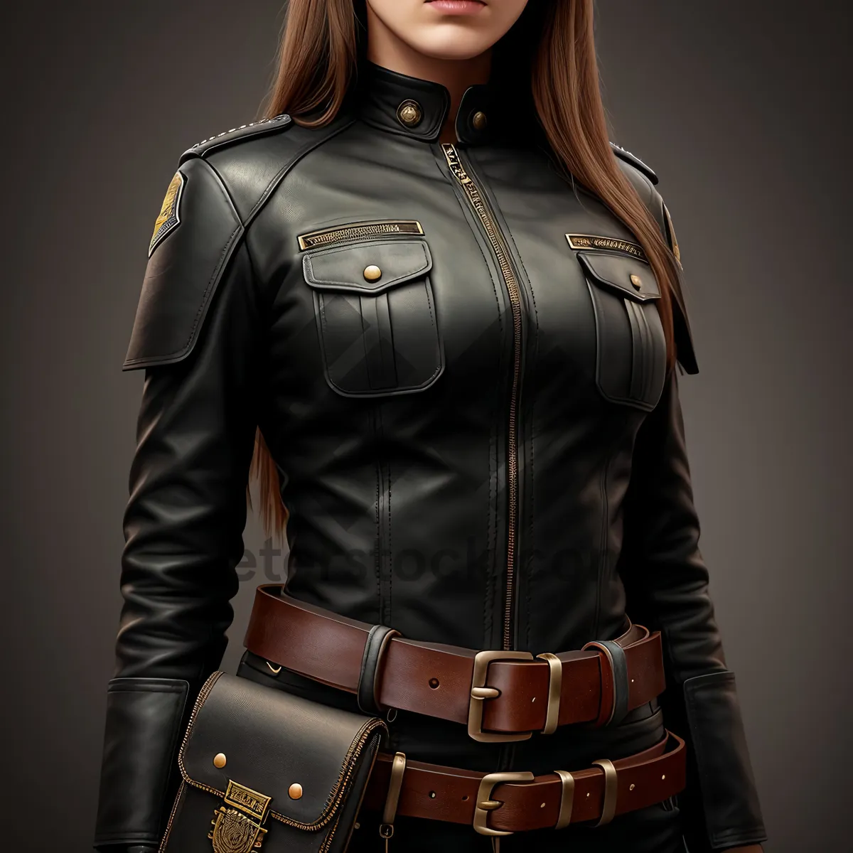 Picture of Stylish Leather Jacket Fashion: Sexy Brunette Lady Pose