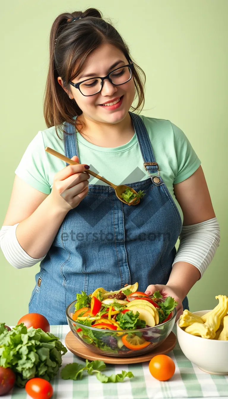 Picture of Attractive brunette lady eating and smiling happily