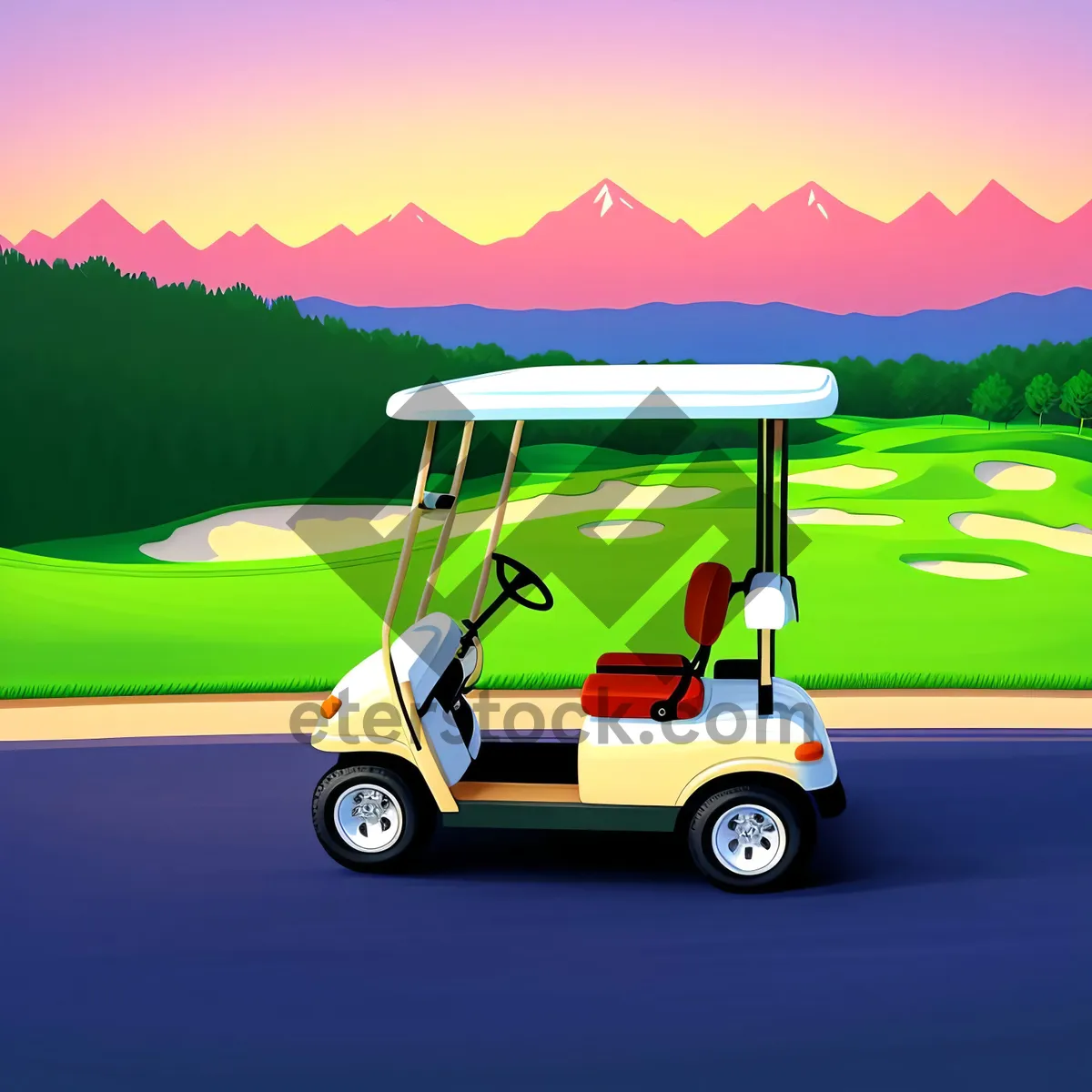 Picture of Golfer Driving Cart on Grass at Golf Course