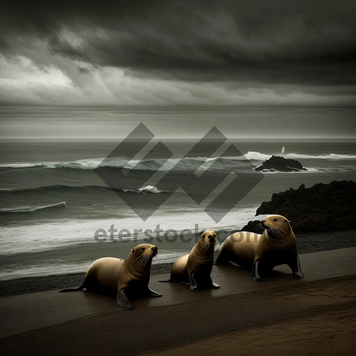 Picture of Sunset Beach: Majestic Sea Lion Basking on Rocky Shore