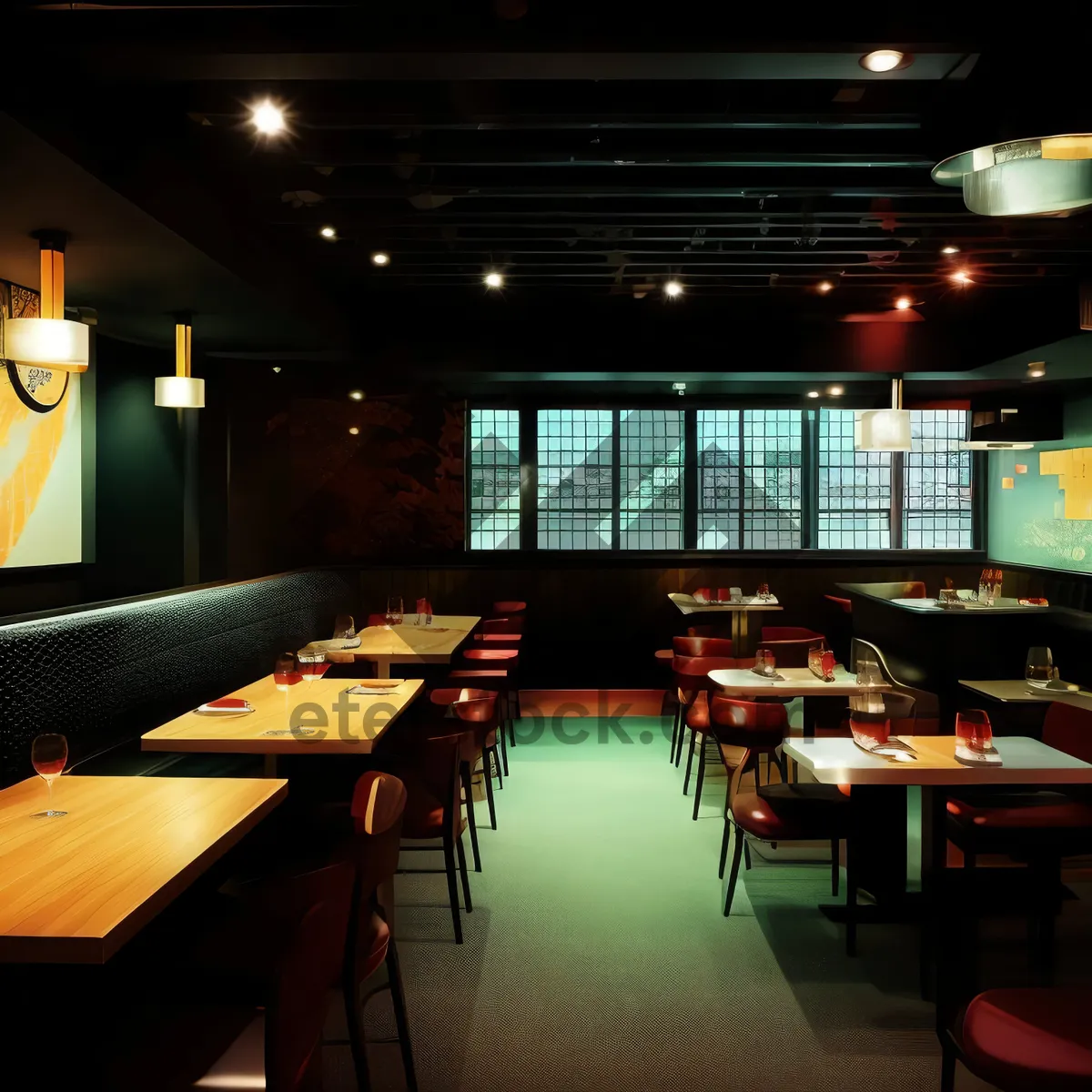 Picture of Modern restaurant interior with wooden furniture and lamps.