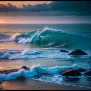 Serene Seascape: Tranquil Beach Sunset over the Ocean