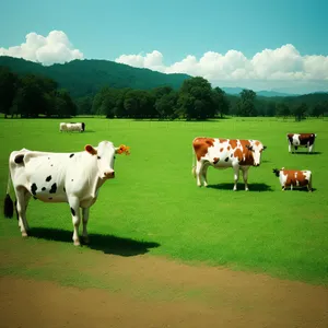 Rural landscape with grazing cattle on a grassy pasture