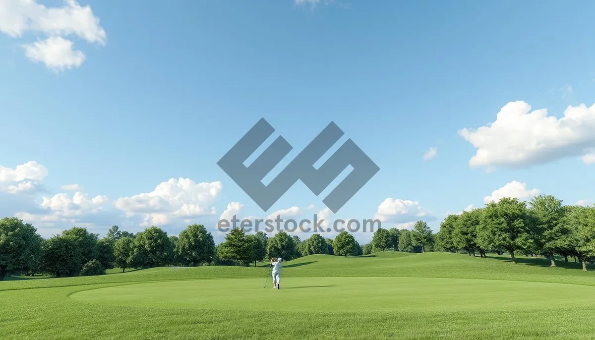 Picture of Idyllic Golf Course Landscape With Tree and Sun