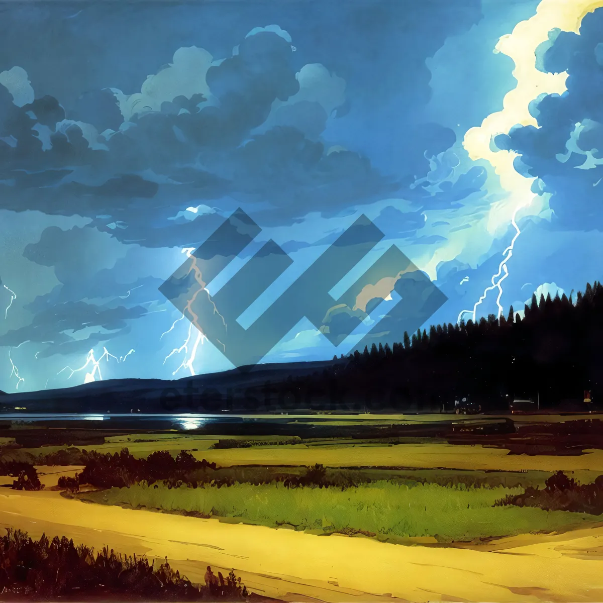 Picture of Golden Sunset Over Rural Meadow and Mountains