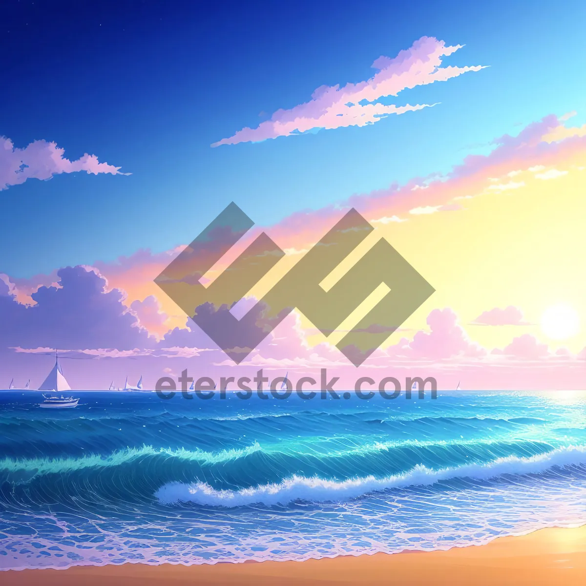Picture of Serene Seascape Sunset: Beach, Waves, and Sun