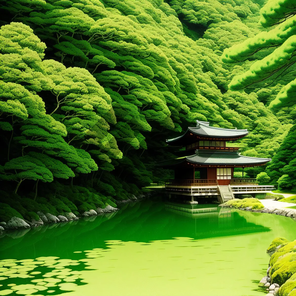 Picture of Tranquil Waterfall Amidst Lush Mountain Forest