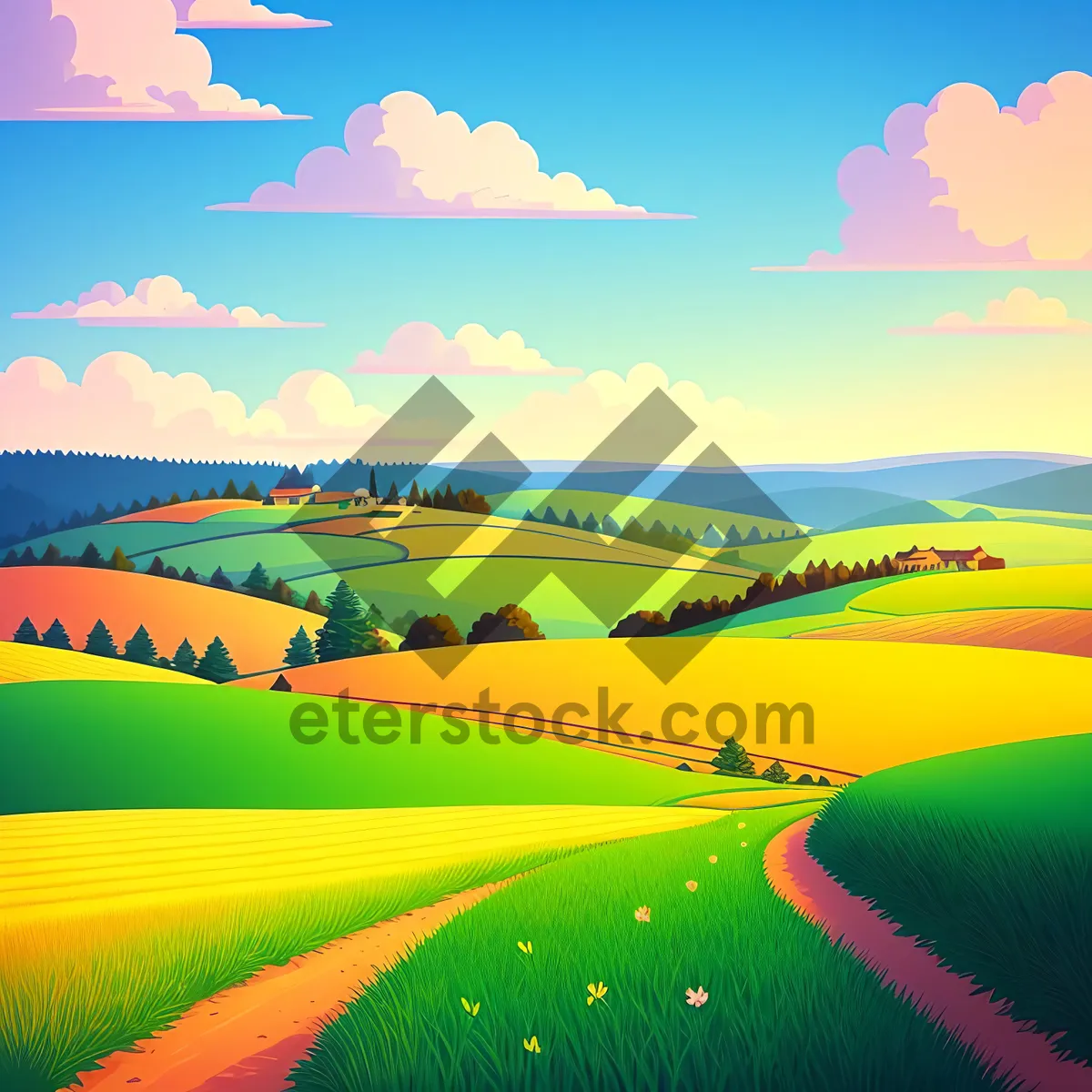 Picture of Serene Countryside Meadow Under Blue Sky