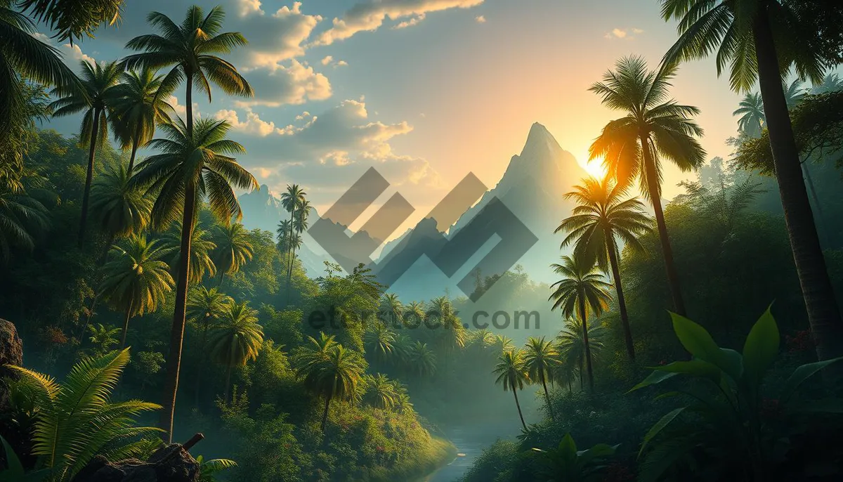 Picture of Tropical sunset on palm-lined beach shore.