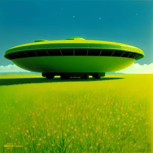 Sunlit Airship Soaring Over Rural Meadow