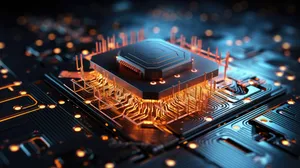Sci-fi concept. The central computer processor in the form of an artificial brain microchip as the main element of the artificial intelligence system is installed on the motherboard of the supercomputer