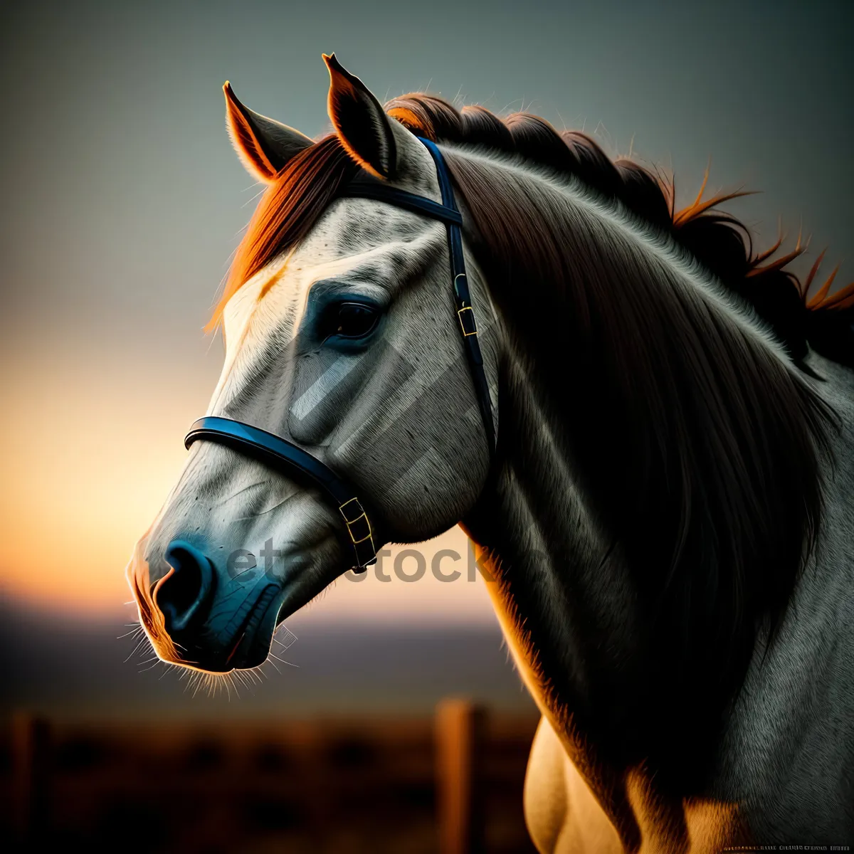 Picture of Majestic Brown Stallion in Meadow with Halter Gear