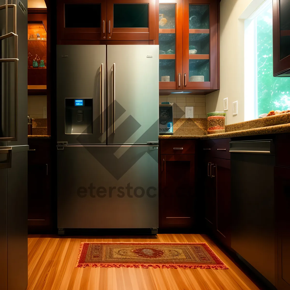 Picture of Modern Wood-Clad Galley Kitchen with Stylish Furniture