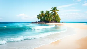 Tropical beach paradise with palm trees and turquoise water.