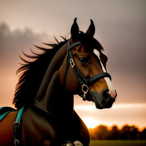 Thoroughbred Horse with Brown Mane Grazing in Meadow