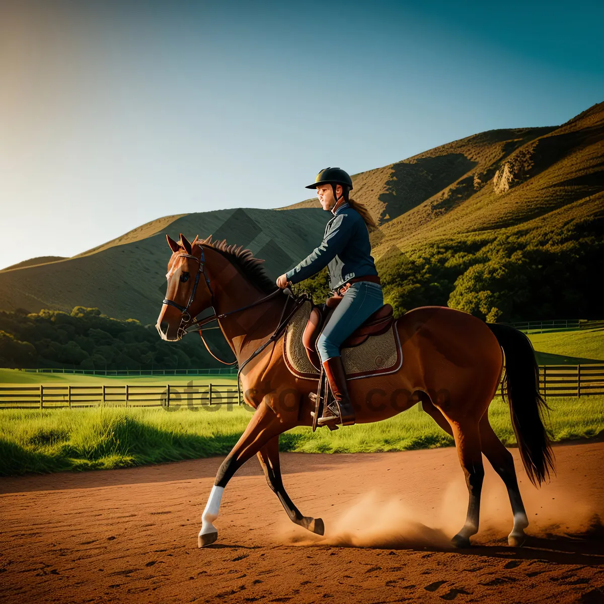 Picture of Stallion galloping through lush green field