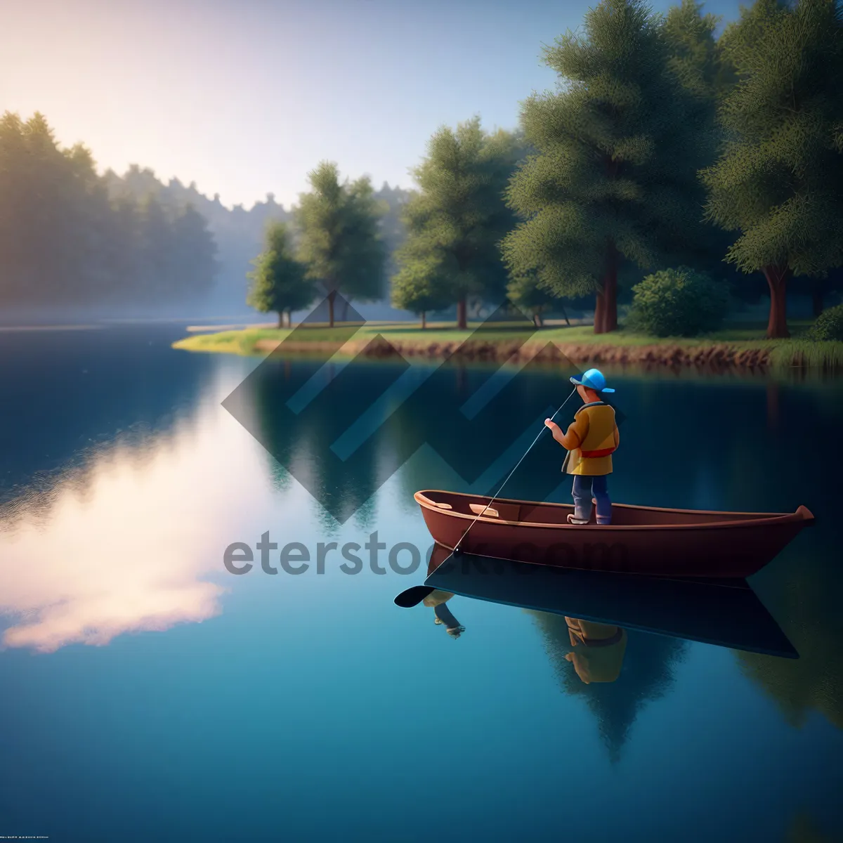 Picture of Serene Lake Reflection with Kayak and Paddle