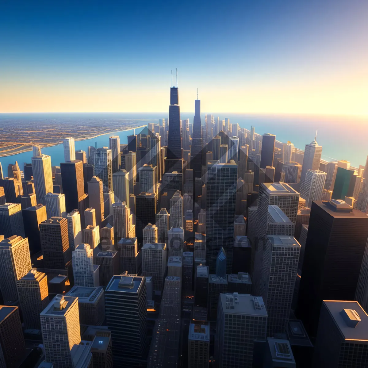 Picture of Downtown Twilight: Urban Skyscraper Skyline at Sunset