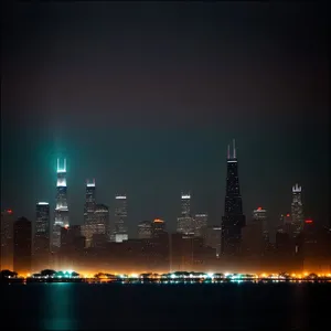 Nighttime Reflections: Urban Skyscrapers and Bridge