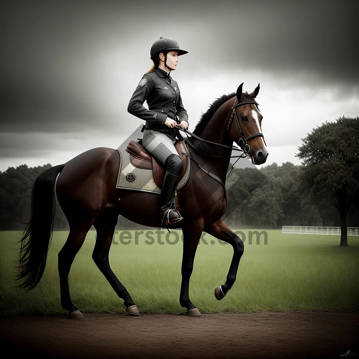 Picture of Brown stallion wearing saddle during equestrian competition.