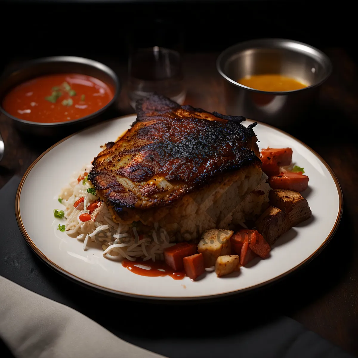 Picture of Grilled steak with vegetables and potatoes on plate.