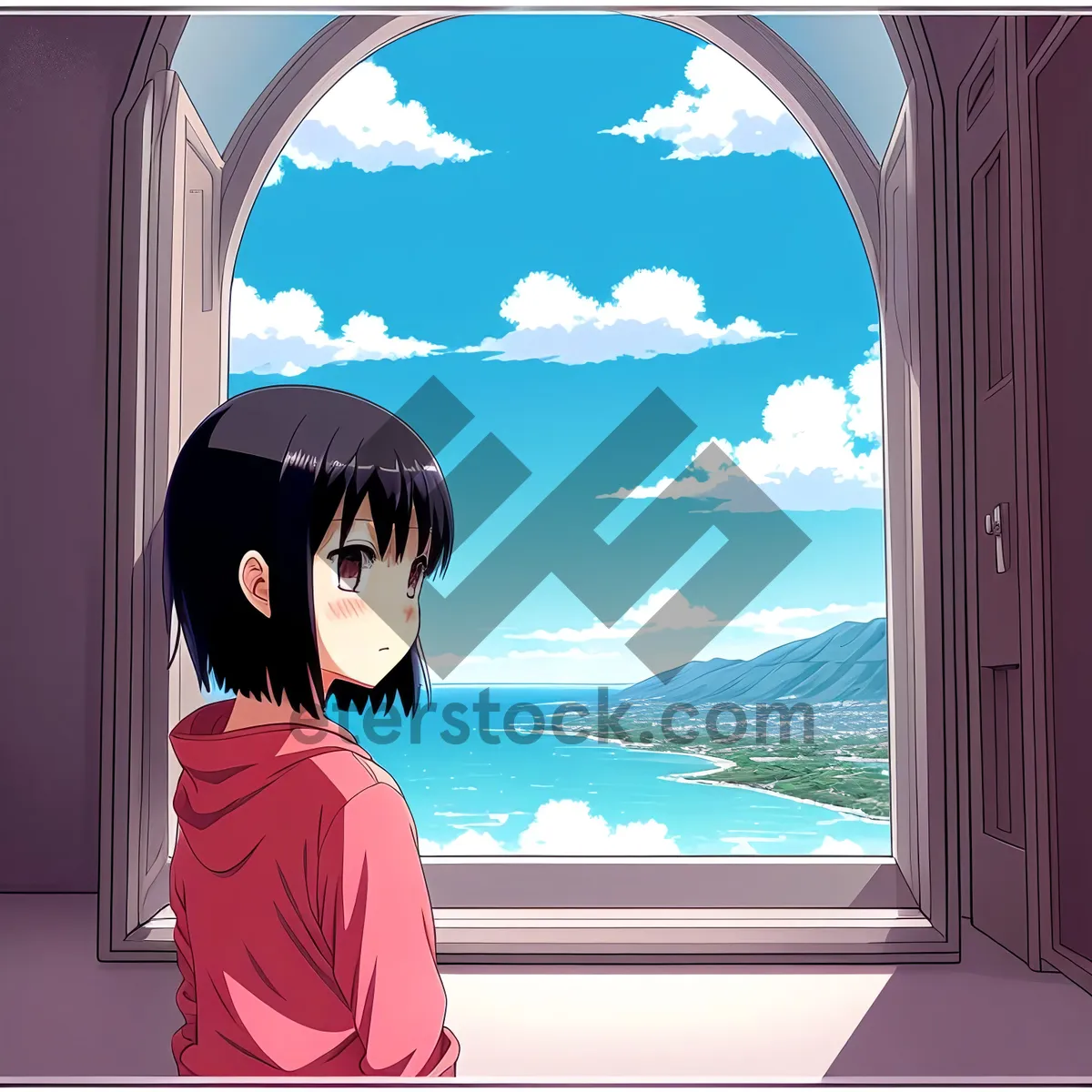 Picture of Smiling Fashionable Tourist at Window Frame