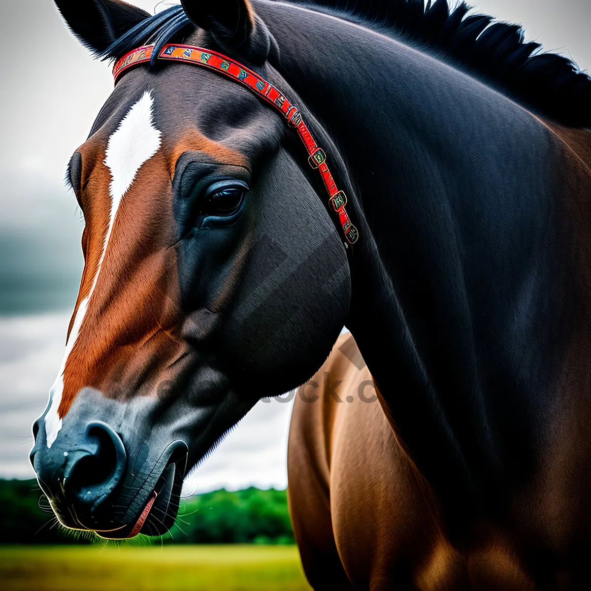 Picture of Thoroughbred Stallion with Brown Mane Grazing in Field