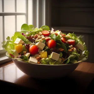 Fresh vegetable salad with basil and apple slices.