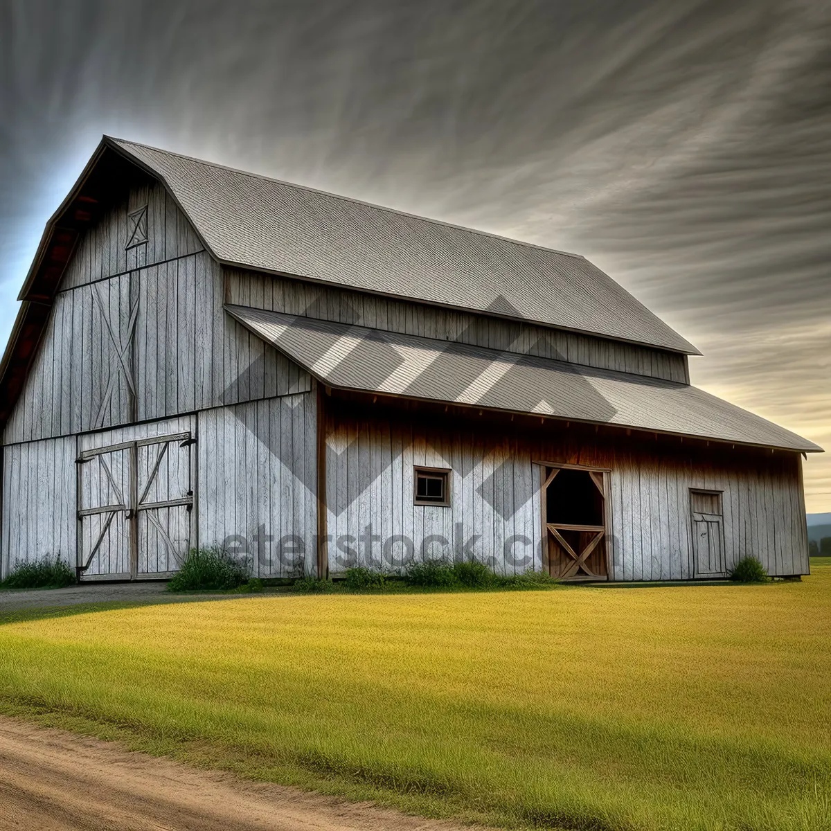 Picture of Old Rustic Wooden Farmhouse with Country Barn and Sky