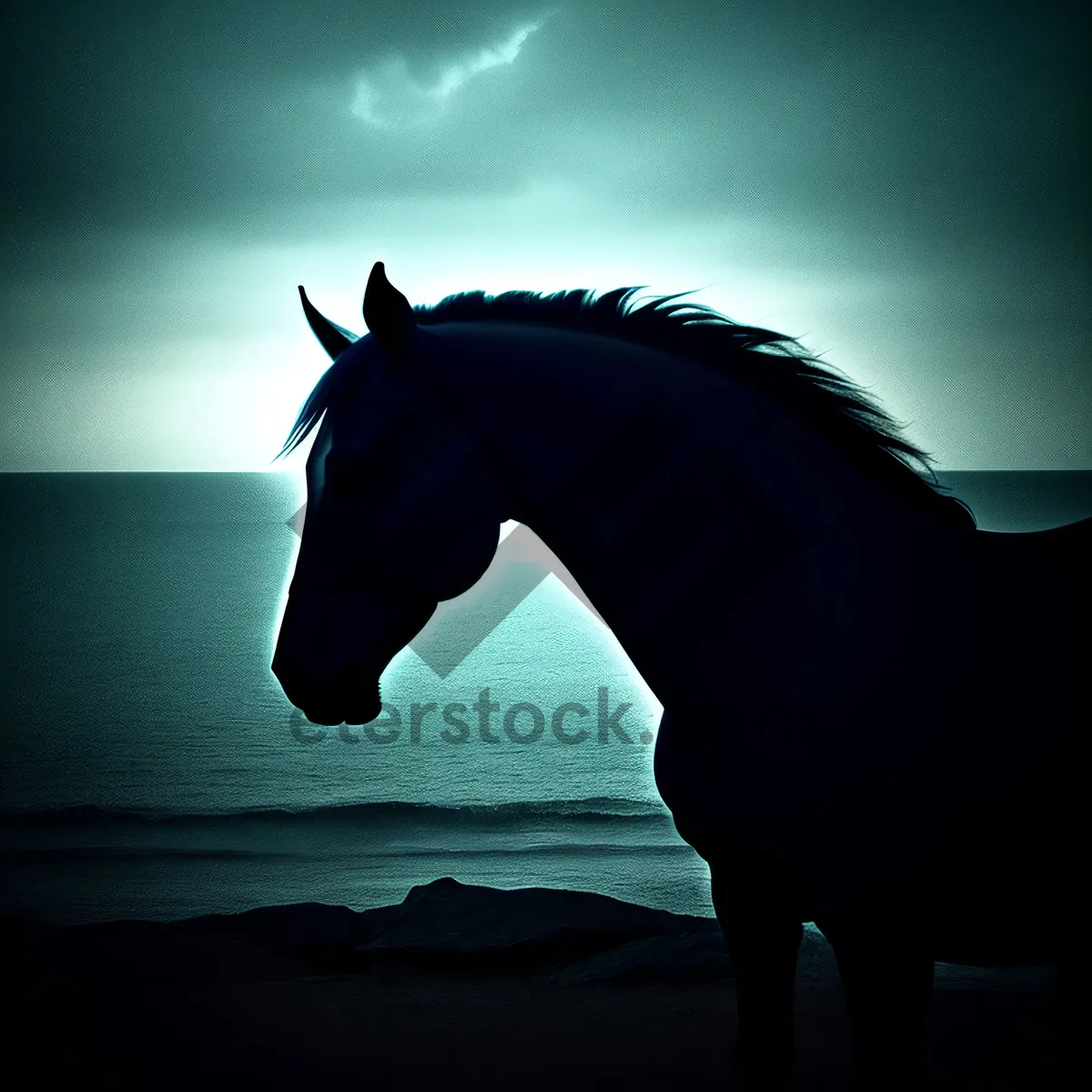 Picture of Silhouette beauty with seductive horse at sunset.