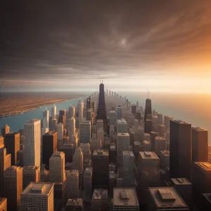 Modern urban skyline overlooking the river at sunset