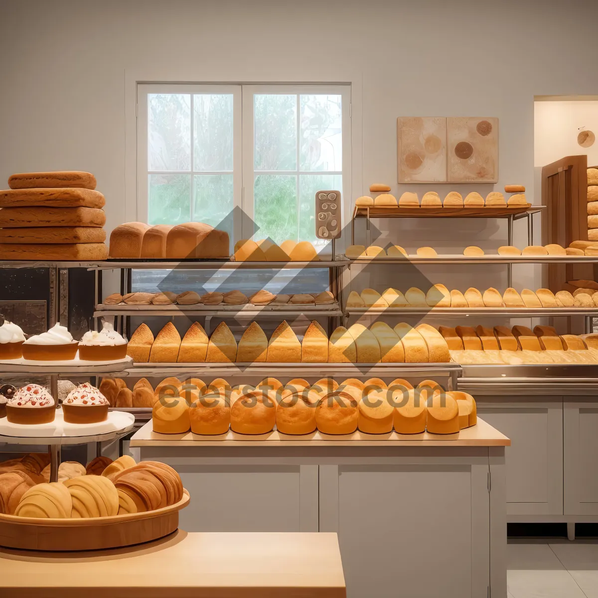 Picture of Cozy Bakery Interior with Rustic Wood Furniture and Counter