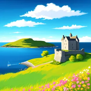 Serene Summer Meadow with Barn and Clear Sky