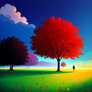 Vibrant Sunset Sky with Trees and Grass