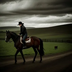 Thoroughbred stallion with saddle in rural field.