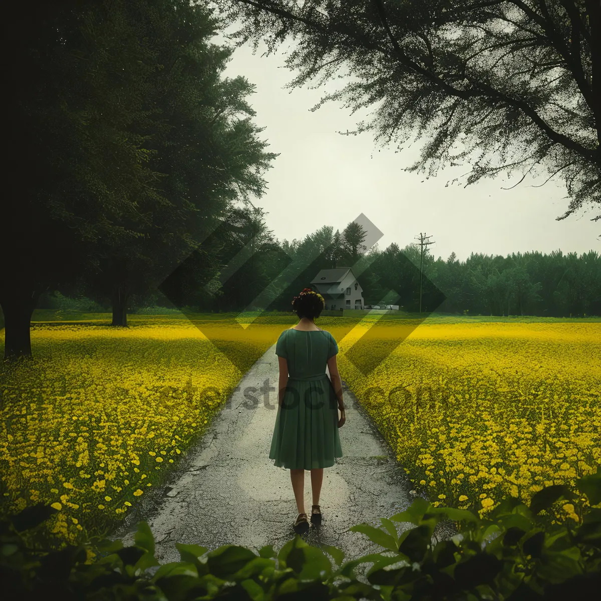 Picture of Bright Summer Sky with Yellow Flowers and Trees