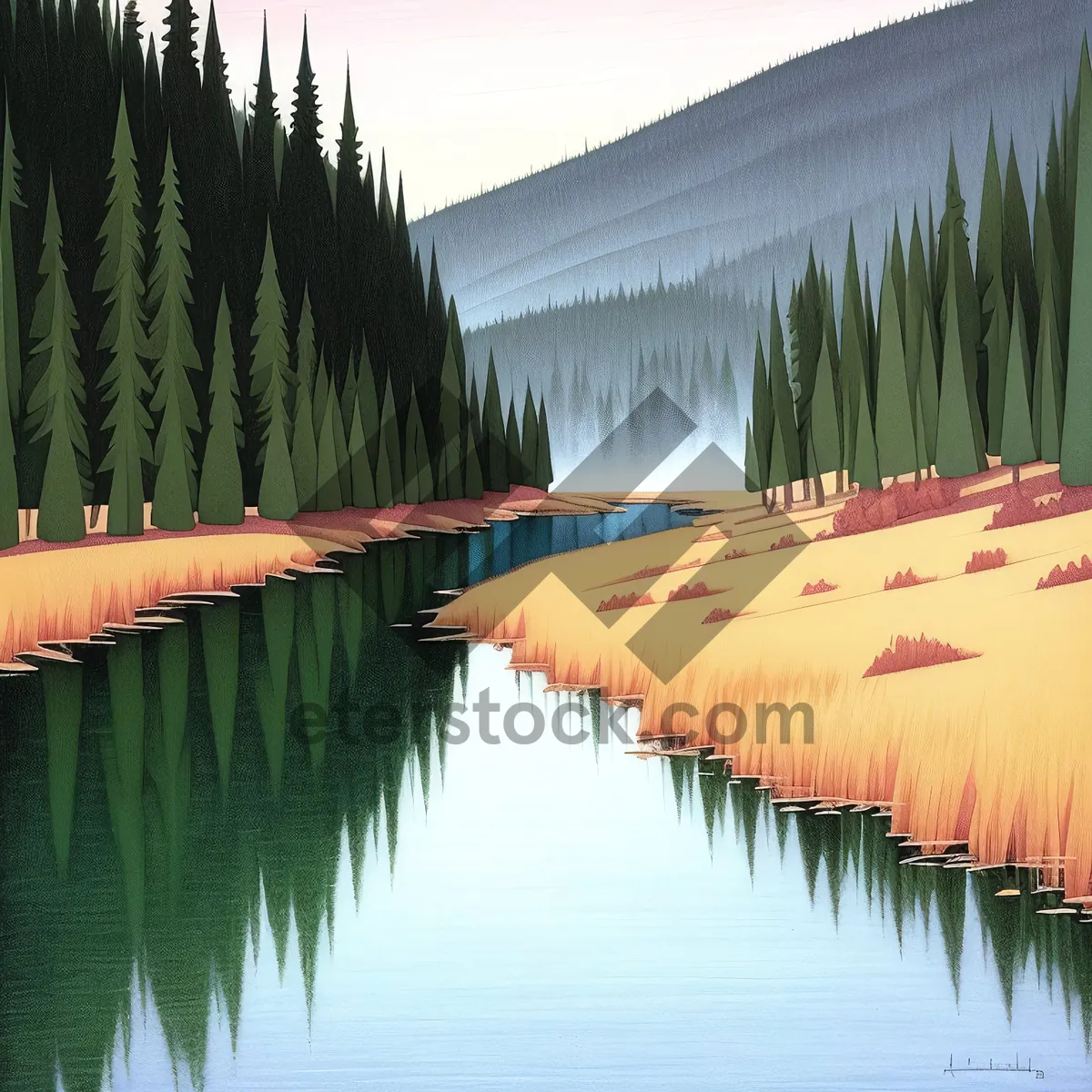 Picture of Tranquil lake with reflection of trees in summer park.