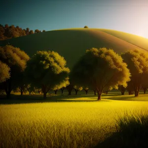 Golden Fields: Serene Rapeseed Landscape Under Sunlit Sky