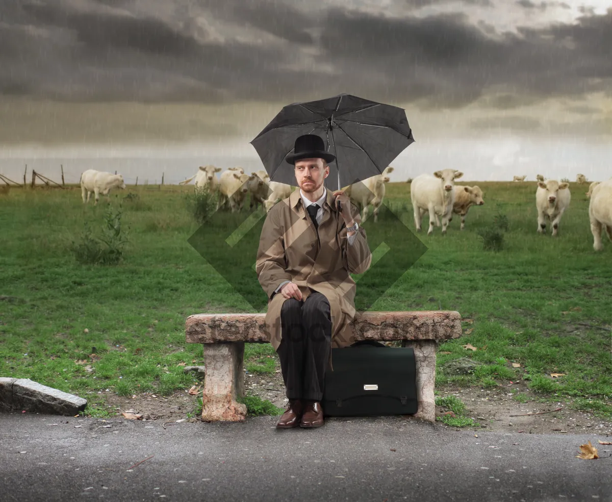 Picture of Man sitting on park bench in grassy area