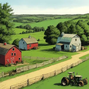 Rural Farm Landscape with Barn and Harvesting Equipment