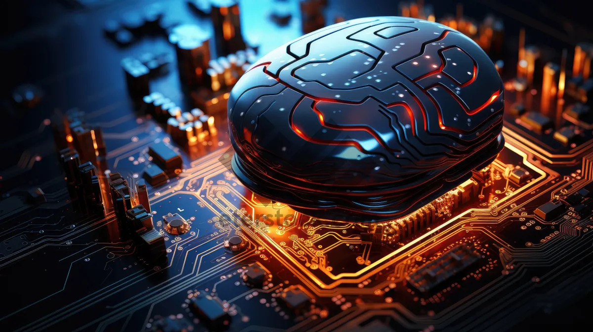 Picture of Sci-fi concept. The central computer processor in the form of an artificial brain microchip as the main element of the artificial intelligence system is installed on the motherboard of the supercomputer