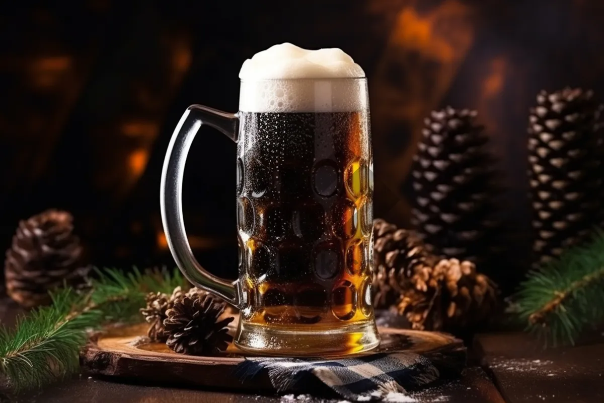 Picture of Closeup of golden beer in frosted glass mug.