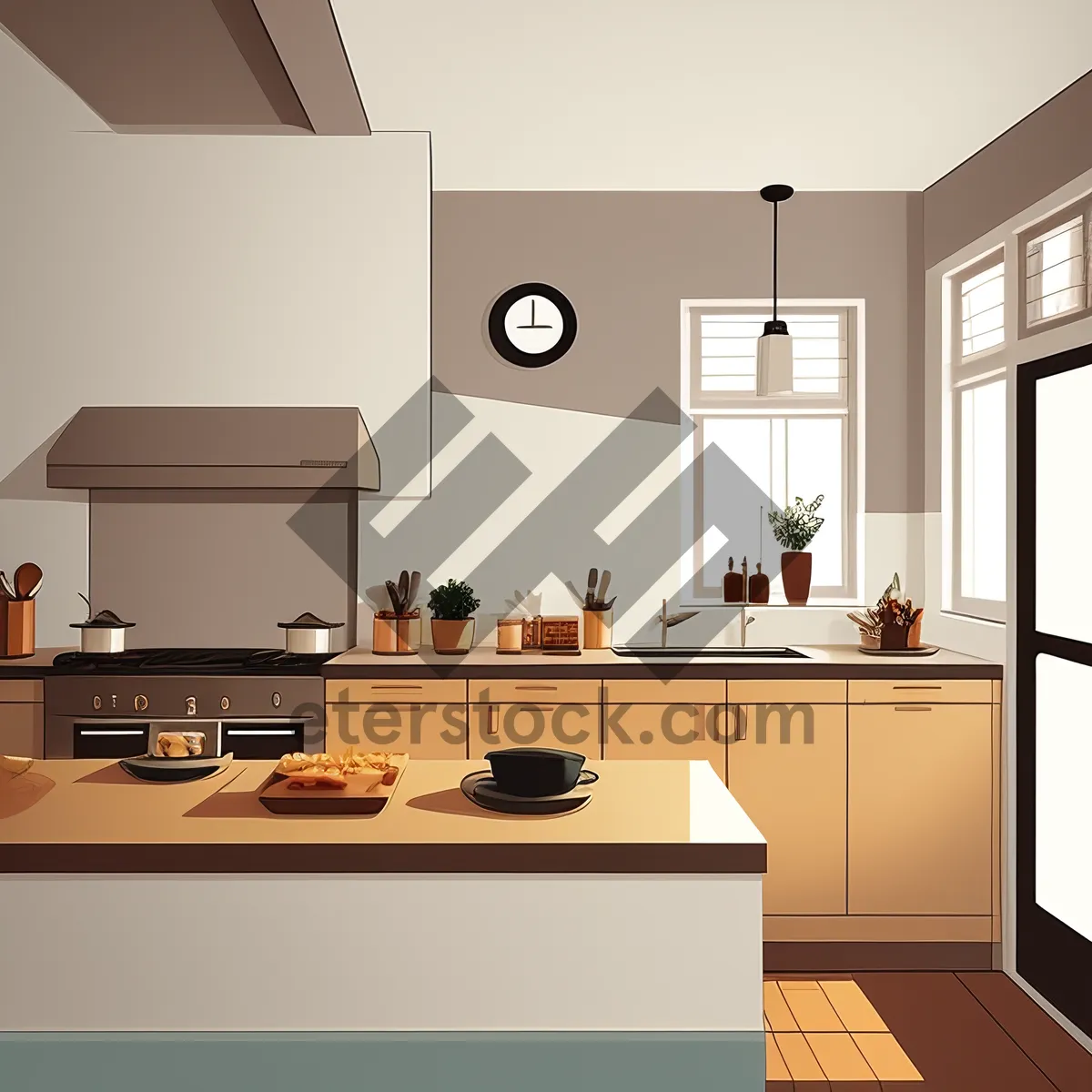 Picture of Modern kitchen interior with stylish furniture and wooden floor