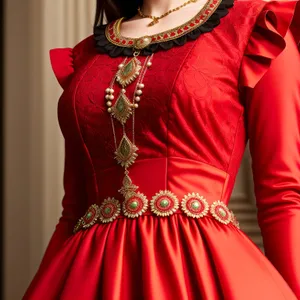 Stunning brunette lady in attractive embroidered velvet dress