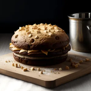 Delicious chocolate cake on brown tray