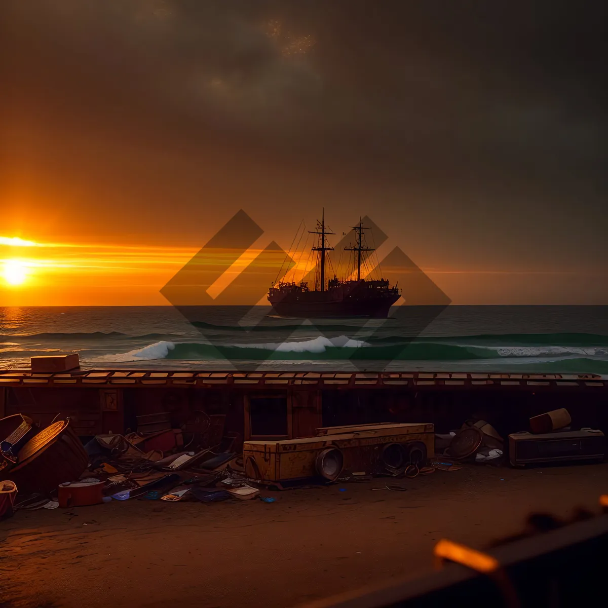 Picture of Seaside Shipping Vessel Overlooking City Harbor