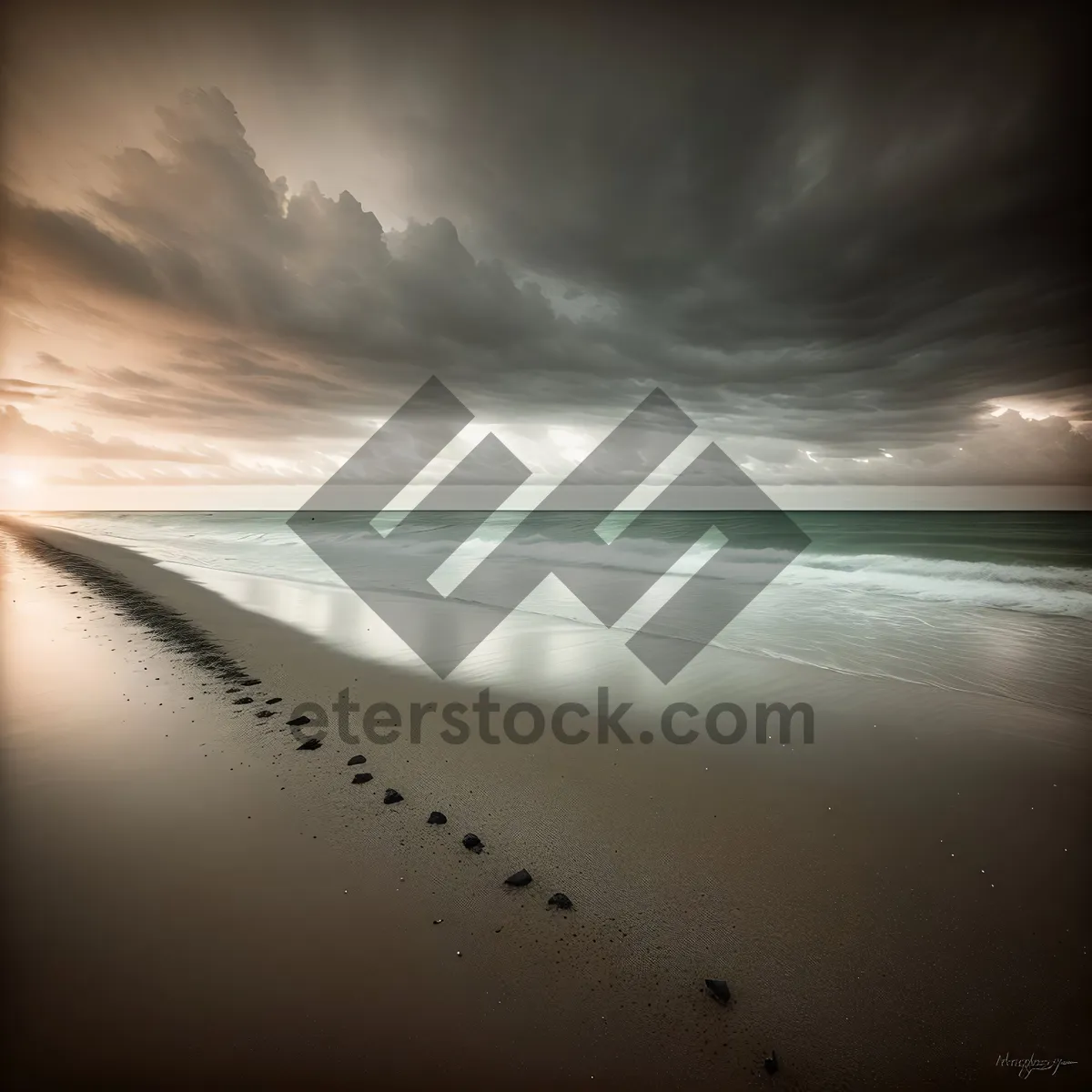 Picture of Golden Horizon: Sunlit Beach and Reflective Ocean