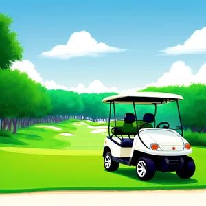 Golfer driving golf cart on lush green course