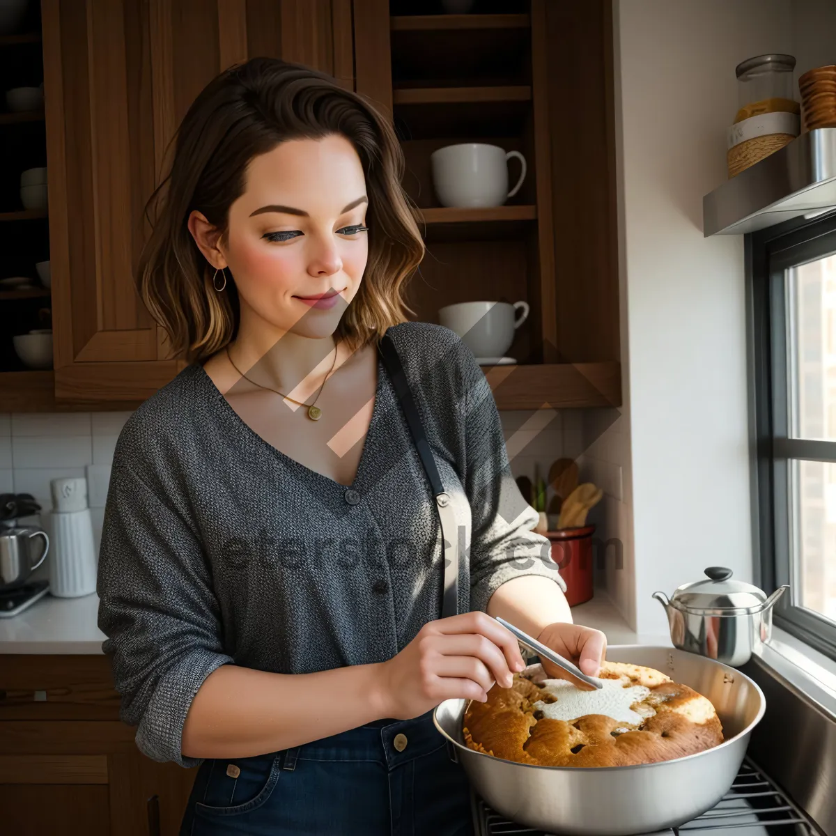 Picture of Happy woman enjoying breakfast at a restaurant.